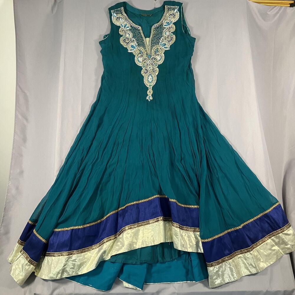 Womens Anarkali Dress‎ Medium Teal Blue Gold Beaded Embroidered Indian Maxi Gown